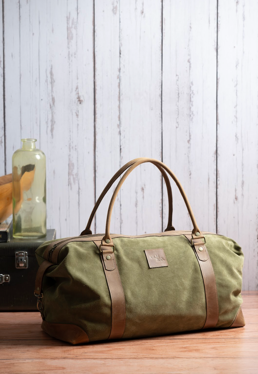 Bolso ULMMO cuero reno verde oliva con mangos de cuero