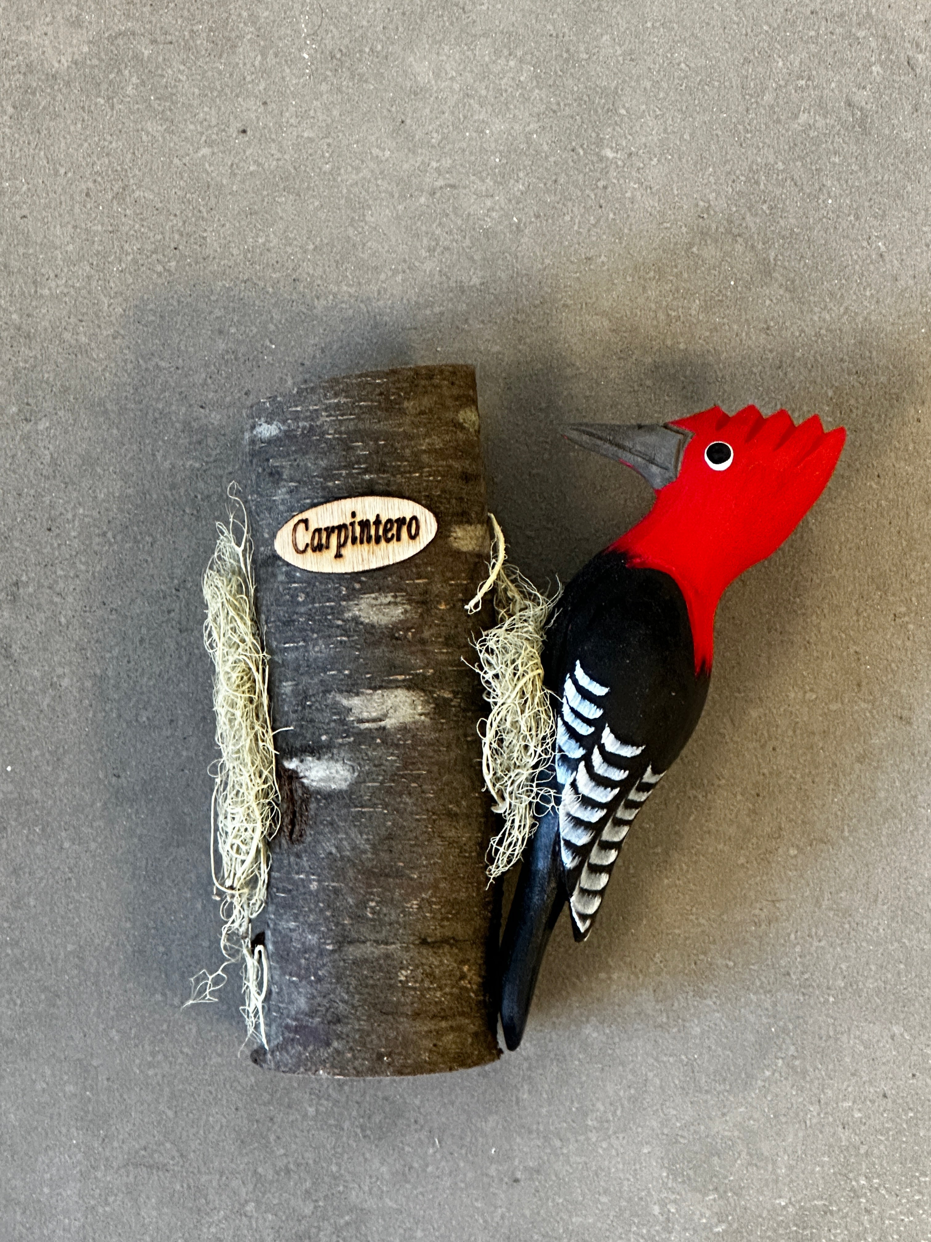 Pájaro Carpintero tallado y pintado a mano