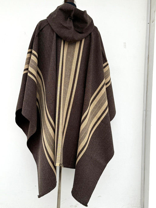 Poncho Peinecillo con Capucha -  Lana y Alpaca  - Café Moro con Beige