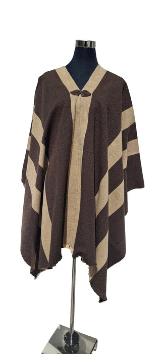 Poncho 5 Líneas Sin capucha   -  Lana y Alpaca-Café Moro Con Beige