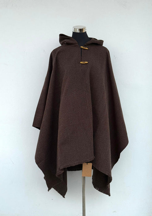 Poncho Tradicional con Capucha -  Lana y Alpaca  - Café Moro