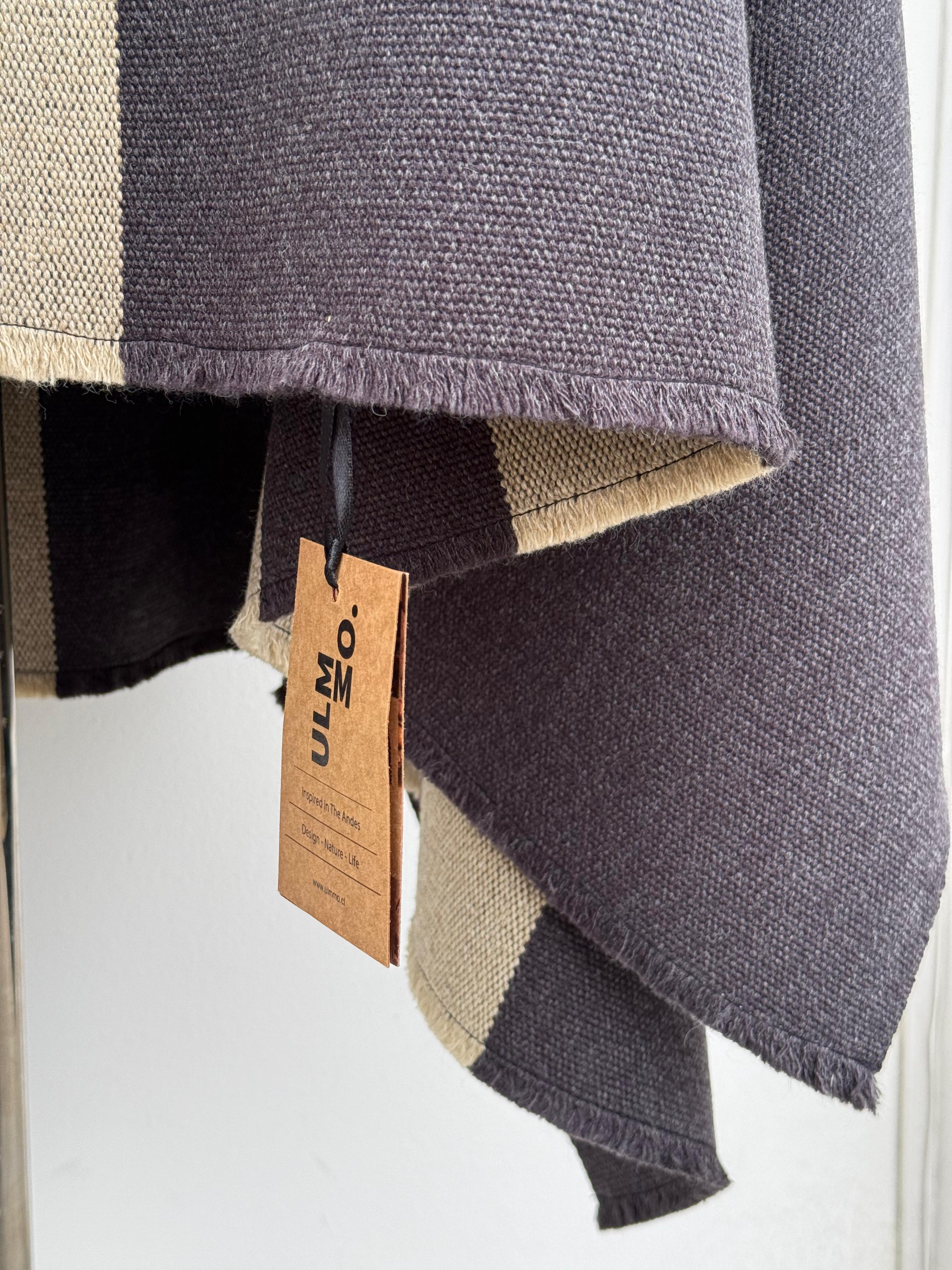 Poncho 5 Líneas con Capucha -  Lana y Alpaca  - Marengo con Beige