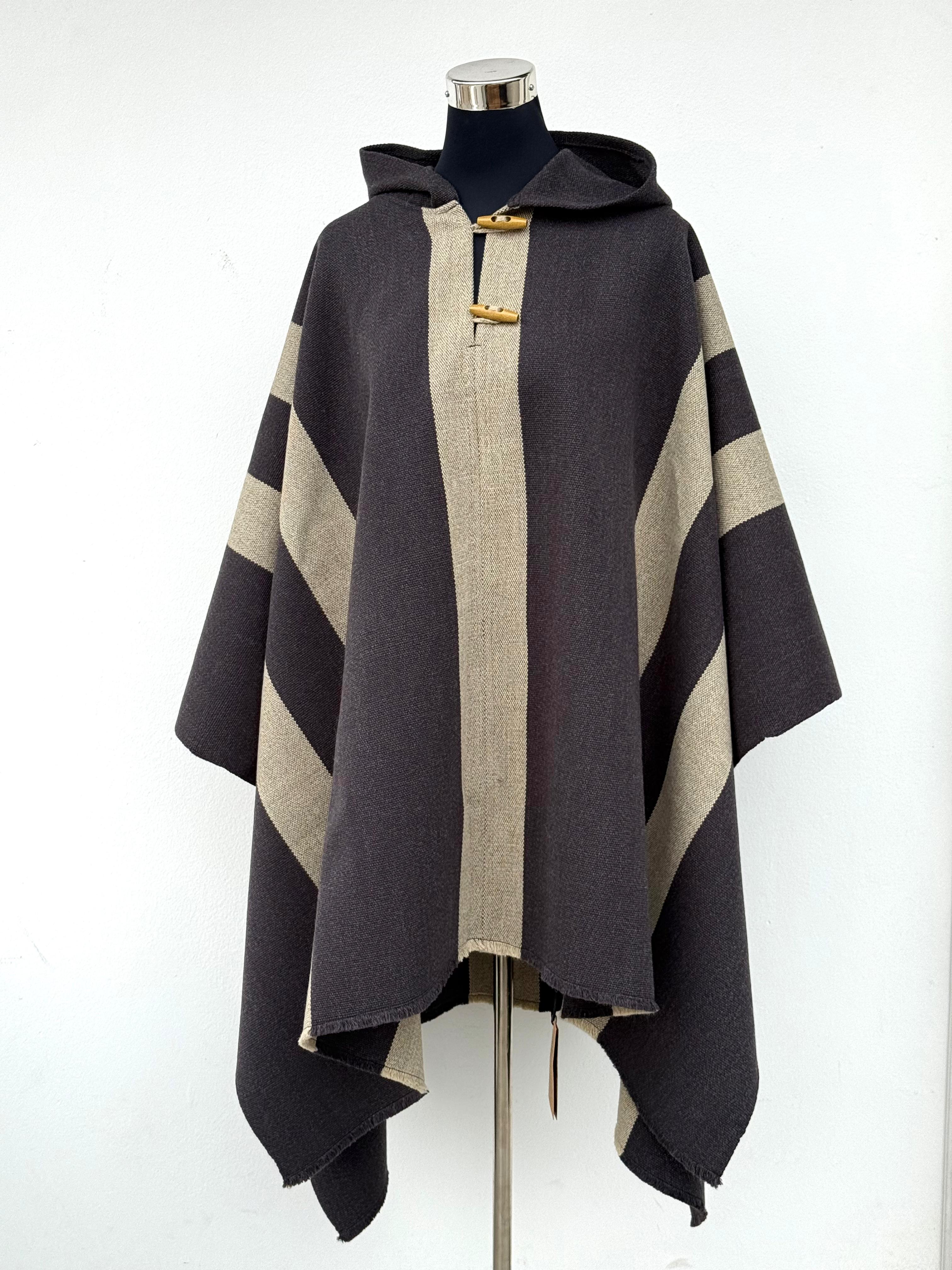 Poncho 5 Líneas con Capucha -  Lana y Alpaca  - Marengo con Beige