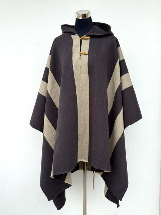 Poncho 5 Líneas con Capucha -  Lana y Alpaca  - Marengo con Beige