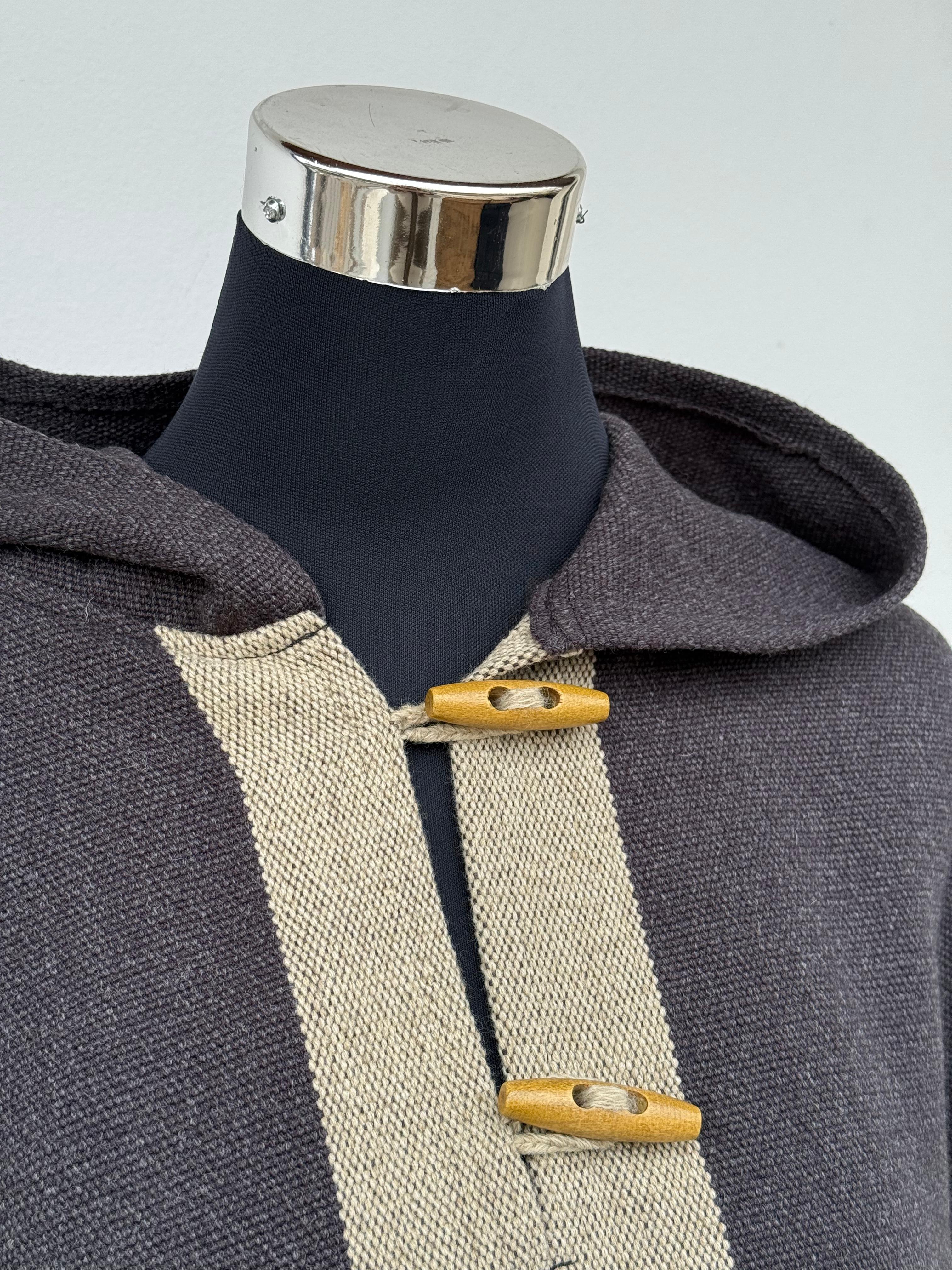 Poncho 5 Líneas con Capucha -  Lana y Alpaca  - Marengo con Beige